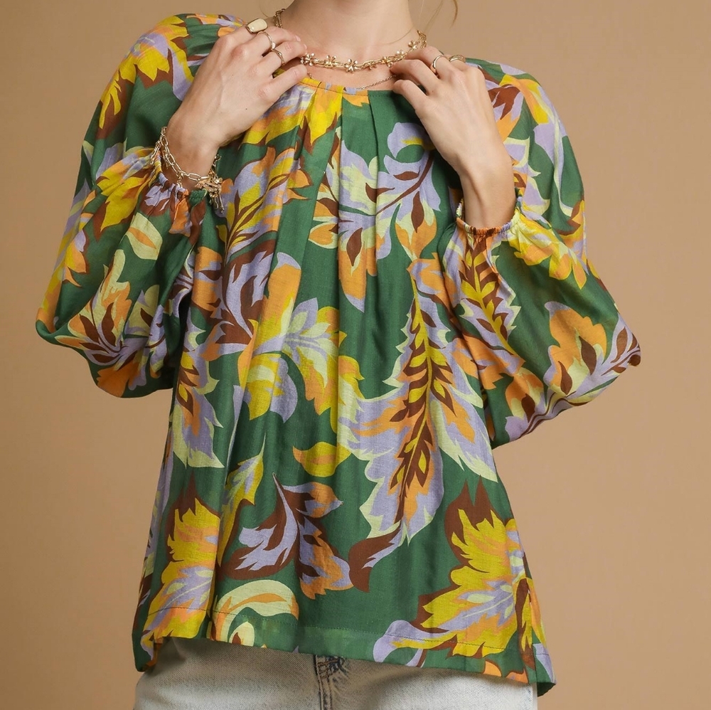 Umgee Retro Abstract Shirt Pleated 70s Round Neck Top Long Balloon Sleeve Blouse - Picture 9 of 16